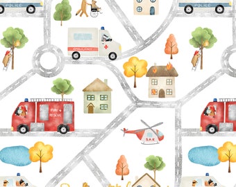 Emergency Services Fabric Design, Ambulance Fire Engine Police Seamless Surface Pattern, Digital Download, Commercial Licence, Non-Exclusive