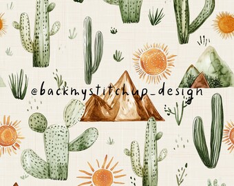May include: A seamless pattern featuring watercolor illustrations of cacti, mountains, and suns in shades of green, brown, and orange on a beige background. The pattern is perfect for fabric, wallpaper, or other creative projects.