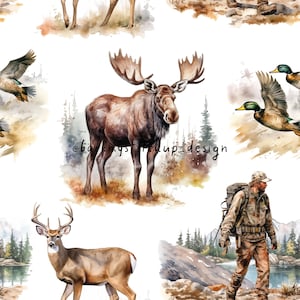 Peut inclure: Un motif sans couture représentant une illustration aquarelle d'un élan, d'un cerf, de canards en vol et d'un chasseur avec un sac à dos. Le fond est blanc avec des éclaboussures d'aquarelle brunes et beiges.