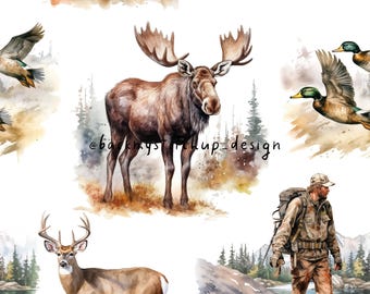 Watercolor Hunting Seamless Pattern, Hunter with Deer Moose and Ducks Digital File, North American Animals Canadian Wildlife fabric design