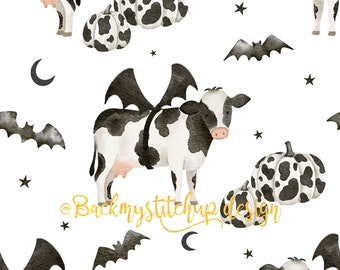 Halloween Cow Bats and pumpkins Seamless Pattern, Spooky Farm Animal Seamless File, Halloween Cowhide Pumpkins digital paper, Fabric design