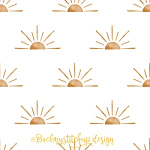 May include: A seamless pattern featuring a repeating design of gold watercolour sunrises on a white background.