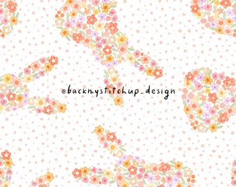Ditsy Floral Bunnies Seamless Pattern, Girls Easter Bunny surface design, Girly Spring Flowers digital paper | Small Business Commercial Use