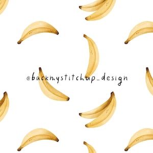 May include: A seamless pattern featuring yellow bananas on a white background. The bananas are arranged in a repeating pattern, with some bananas overlapping each other. The pattern is simple and modern, and would be perfect for a variety of applications, such as fabric, wallpaper, or wrapping paper.