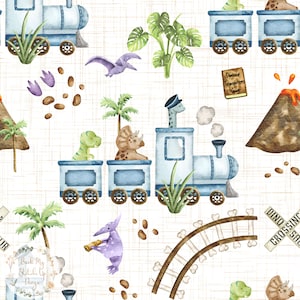 May include: A repeating watercolour pattern featuring a blue train with dinosaur passengers, palm trees, volcanoes, and dinosaur footprints. The design includes a dinosaur crossing sign and a guide that reads "Dinosaur Transportation Guide."