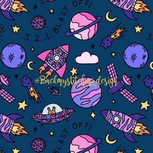 May include: A whimsical space-themed pattern on a dark blue background. The design features rockets, planets, stars, a UFO, and the text "3...2...1...BLAST OFF!" in pink, purple, yellow, and orange. The design includes the text "@Backmystitchup design".