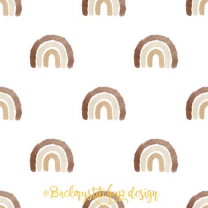 Könnte beinhalten: Ein nahtloses Muster mit mehreren braunen, beige und weißen Aquarell-Regenbögen auf weißem Hintergrund. Das Muster ist perfekt für die Verwendung in digitalen und gedruckten Designs.