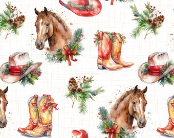 May include: A seamless pattern featuring watercolor illustrations of cowboy hats, boots, horses, and Christmas greenery. The design is set against a white background with a subtle grid pattern.
