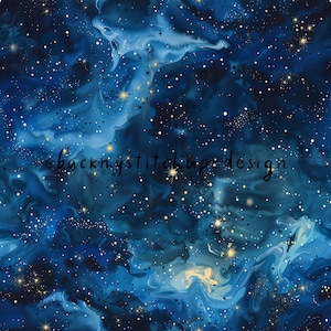 Puede incluir: Un patrón sin costuras con un fondo azul oscuro y nubes blancas y azul claro que se arremolinan. El fondo está salpicado de pequeñas estrellas doradas.
