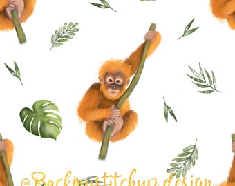 Orangutan Fabric Design WHITE, Azulejo de patrón sin costuras, Patrón de superficie, Descarga digital, Licencia comercial, No exclusivo