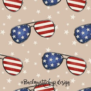 Fourth of July seamless design, Stars and Stripes Aviators Seamless Pattern, Patriotic American Flag Fabric design, Sunglasses digital