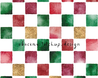 Christmas Check seamless pattern, Winter Checks digital crafting paper, Watercolour red green and gold Checkerboard repeat digital design