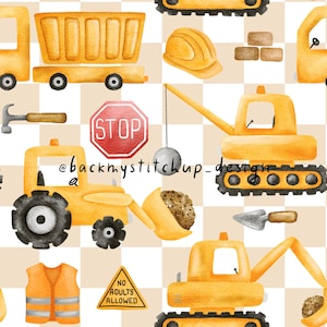 Peut inclure: Un pack de papier numérique avec des illustrations de véhicules de chantier, d'outils et de panneaux de sécurité. Les illustrations sont dans un style aquarelle et présentent des couleurs jaunes, rouges, noires et brunes. Les illustrations comprennent un camion à benne basculante, une grue, une pelle mécanique, un panneau d'arrêt, un casque de chantier, un gilet de sécurité, une truelle, un marteau et un panneau indiquant "No Adults Allowed".