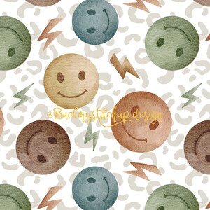 May include: A seamless pattern featuring smiling faces in various shades of brown, green, and blue. The background is a white and grey leopard print with gold lightning bolts.