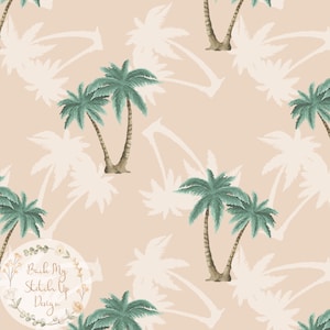 May include: A seamless pattern featuring green palm trees on a peach background. The palm trees are silhouetted in white, creating a tropical and summery design.