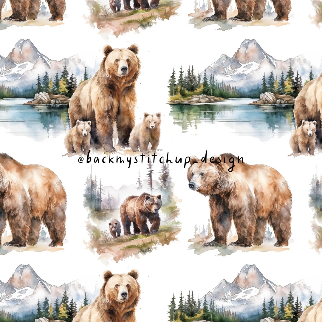 Watercolour Grizzly Bear Seamless Pattern, Grizzly Bear Digital File ...
