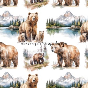 Watercolour Grizzly Bear Seamless Pattern, Grizzly Bear Digital File, North American Canadian Bears fabric design, Mama bear and bear cub