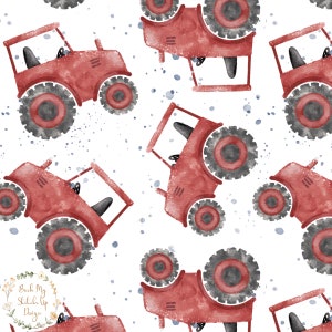 May include: A seamless pattern featuring red watercolour tractors with black wheels on a white background with blue watercolour splatters.