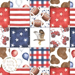 Könnte beinhalten: Ein digitales Papierpaket mit 10 verschiedenen Mustern in Rot, Weiß und Blau. Die Muster umfassen Sterne, Streifen, Gingham, Fußbälle, Traktoren und Ballons. Der Text "Back My Stitch Up Design" befindet sich in einem Kranz auf einem der Muster.