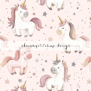 Watercolour Unicorns Seamless Pattern, Cute Unicorn and Stars Digital File, Little Pony fabric design for girls | commercial license