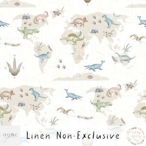 K&ouml;nnte beinhalten: Ein cremefarbenes Weltkarten-Design mit Aquarellillustrationen verschiedener Dinosaurier, Palmen und Berge. Der Text "Dino World" erscheint auf Bannern. Die Worte "Linen Non-Exclusive" sind ebenfalls sichtbar.