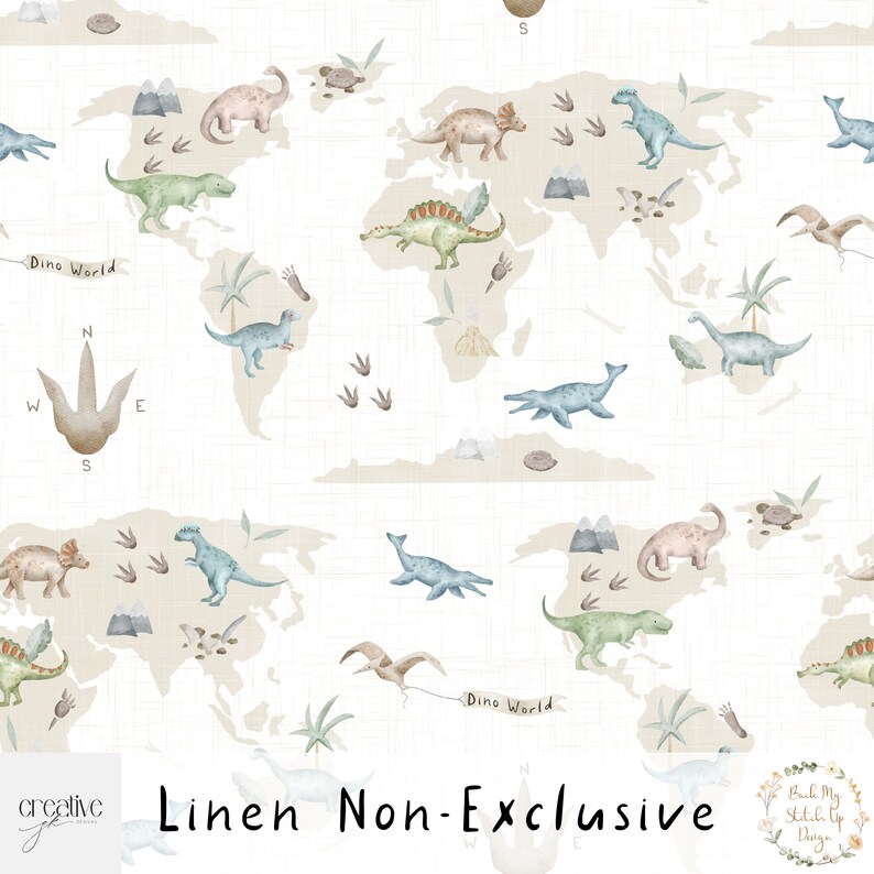 K&ouml;nnte beinhalten: Ein cremefarbenes Weltkarten-Design mit Aquarellillustrationen verschiedener Dinosaurier, Palmen und Berge. Der Text "Dino World" erscheint auf Bannern. Die Worte "Linen Non-Exclusive" sind ebenfalls sichtbar.