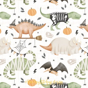 Halloween Dinos seamless pattern, Dinosaur Halloween digital crafting paper, cute kids Halloween repeat digital design for commercial use