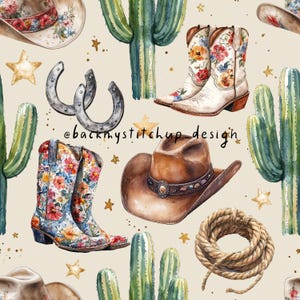 Stivali da cowboy floreali occidentali per ragazze, motivo senza cuciture, superficie da cowgirl rosa, stivali da cowboy e cappello da ragazza, carta digitale con cactus BEIGE