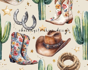 Girls Western Floral Cowboy Boots Seamless Pattern, Pink Cowgirl surface design, Girly Cowboy Boots and Hat digital paper with Cactus BEIGE