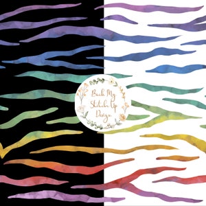 May include: A seamless pattern featuring a rainbow zebra stripe design. The stripes are a gradient of colors, including purple, blue, green, yellow, orange, and red. The pattern is split in half, with one side on a black background and the other side on a white background. The text "Back My Stitch Up Design" is in a circle with floral accents.