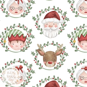 May include: A seamless pattern featuring watercolor illustrations of Santa Claus, an elf, a reindeer, and a grandmother, all wearing festive attire and surrounded by holly wreaths.