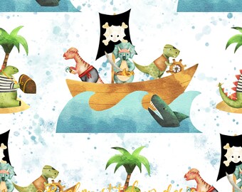 Dinosaurier Piraten Stoff Design, Weißer Hintergrund, Nahtloses Muster Fliese, Surface Muster, Digitaler Download, kommerzielle Lizenz, nicht exklusiv
