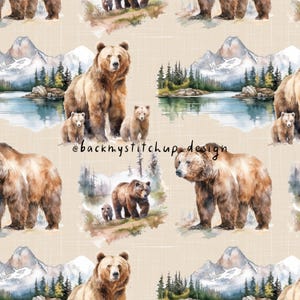 Watercolour Grizzly Bear Seamless Pattern, Grizzly Bear Digital File, North American Canadian Bears fabric design, Lake and Forest scenes