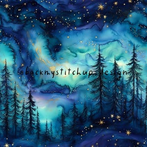 May include: A watercolour design depicting a night sky and forest silhouette. The artwork uses a gradient of blues and teals, with gold accents and stars. The text "backmystitchup design" is visible.