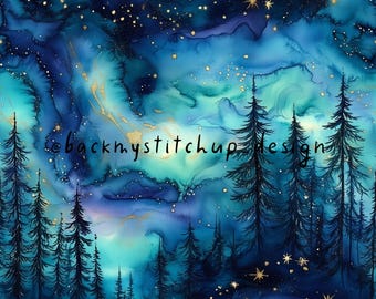 Northern Lights Forest Seamless Pattern, Aurora Borealis Alcohol Ink effect Digital File, Forest Silhouette fabric design, INSTANT DOWNLOAD
