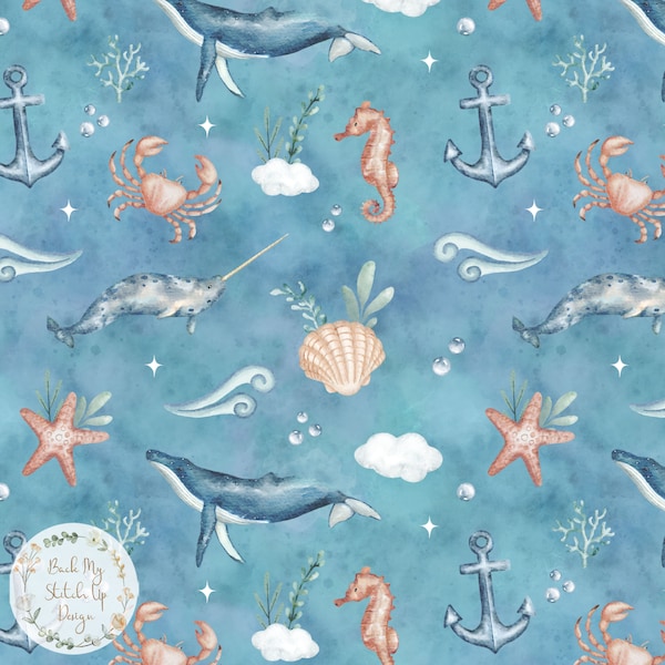 Whale Ocean Seamless Pattern, Sea life Fabric design, Digital Download, Commercial Licence, Non-Exclusive, Narwhal seashell watercolour