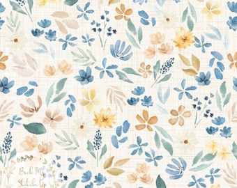 May include: A seamless pattern featuring watercolor illustrations of blue, yellow, and orange flowers on a white background with a subtle linen texture. The pattern is perfect for fabric, wallpaper, or other design projects.