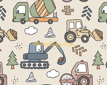 Construction Seamless Pattern, Digger Tractor Builder Fabric design, Unisex Building Digital Download, Boys Construction Crafting paper