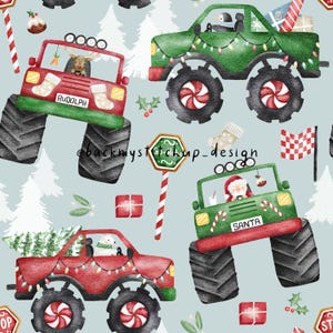 May include: A seamless pattern featuring red, green, and white monster trucks decorated with Christmas lights, candy canes, and other festive details. The trucks are driven by Santa Claus, Rudolph the Red-Nosed Reindeer, and a polar bear. The background is a light blue color with white snow-covered trees.