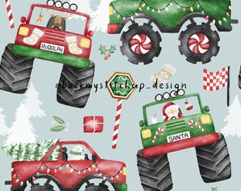 Christmas Monster Trucks Seamless Pattern on ice blue background | Santa Claus, Rudolph and Polar Bear surface design | Winter digital paper