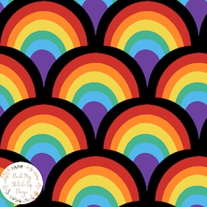 May include: A seamless pattern featuring rainbow arches in a repeating pattern on a black background. The rainbow arches are arranged in a fish scale pattern.