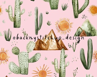May include: A seamless pattern featuring watercolor illustrations of cacti, mountains, and suns on a pink background. The pattern is perfect for fabric, wallpaper, or other creative projects.