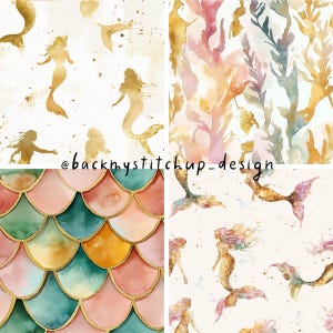 May include: A digital collage featuring four different patterns. The top left pattern is a white background with gold mermaid silhouettes. The top right pattern is a white background with gold and pink watercolor seaweed. The bottom left pattern is a watercolor pattern of overlapping pink, green, and gold scales. The bottom right pattern is a white background with gold and pink watercolor mermaids.
