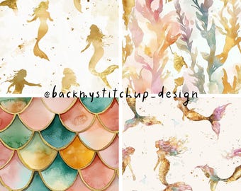 Watercolour Mermaid Bundle with 4x seamless patterns and 1x matching Sub, Pink Teal and Gold Mermaid surface designs Mermaid Sublimation PNG