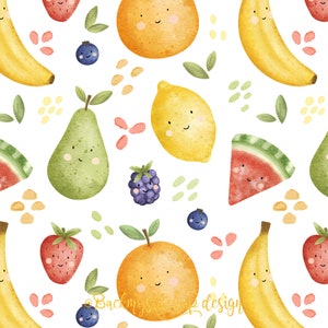 May include: Watercolor illustration of a seamless pattern featuring smiling fruits and berries. The design includes bananas, oranges, lemons, pears, strawberries, blueberries, blackberries, and watermelon slices on a white background.