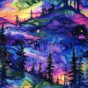 Alcohol Ink Forest Seamless Pattern, Rainbow Northern Lights Alcohol Ink effect Digital File, Mountain scene fabric design, INSTANT DOWNLOAD