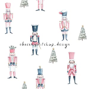 May include: Watercolor pattern featuring pink and blue nutcrackers and Christmas trees on a white background. The nutcrackers are in various poses, wearing pink and blue uniforms and tall hats. The text "@backmystitchup_design" is visible.