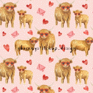 Patrón sin costuras del día de San Valentín de la vaca de las tierras altas, archivo digital de la vaca de las tierras altas, papel digital rosa del corazón de la carta de amor, diseño de tela de animales de granja