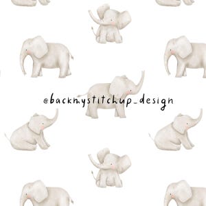 Könnte beinhalten: Ein nahtloses Muster mit einem sich wiederholenden Design von niedlichen, cartoonartigen Elefanten in verschiedenen Posen. Die Elefanten sind alle weiß mit hellgrauen Akzenten und vor einem weißen Hintergrund platziert. Das Muster ist perfekt für die Verwendung in einer Vielzahl von kreativen Projekten, wie z. B. Stoff, Tapete und Schreibwaren.