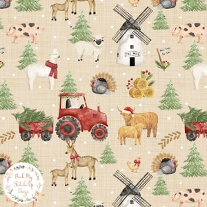 May include: A festive Christmas pattern featuring a red tractor pulling a wagon full of Christmas trees, farm animals, a windmill, and a variety of other holiday elements. The background is a beige burlap fabric with white polka dots.